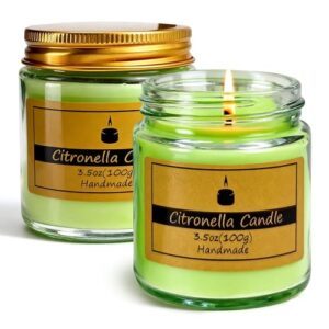 Zwei Citronella-Kerzen in Glasbehältern mit natürlichen Sojawachsdüften für Outdoor-Gebiete wie Garten, Camping, Indoor und Terrasse.