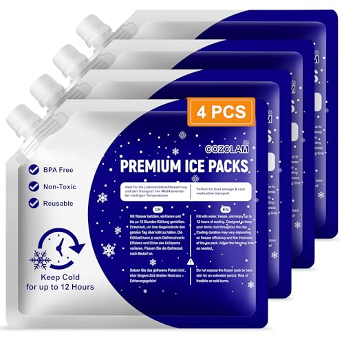 COZCLAM 4er Set Kühlakkus für Kühltasche, Kühlbox & Kühlrucksack, Wiederverwendbar Kühlelemente mit Langer Kühldauer bis zu 12 Stunden
