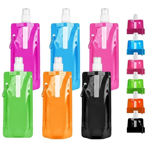 Faltbare Wasserflaschen 6 Stück, BPA-frei, wiederverwendbar, PET+PE-Materialien, 500ML Trinkflasche mit Clip für Outdoor-Sport, Radfahren, Wandern