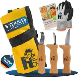 Holzheld Schnitzmesser Set für Kinder ab 4 Jahren, inkl. Handschuhe und praktischem Etui