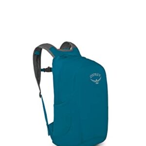 Osprey Ultralight Leichter Rucksack, 18L, Waterfront Blue - Detailfoto eines blauen Reisegepäcks mit schwarzem Gurt und weißem Logo auf der Vorderseite. Gegen einen weißen Hintergrund stehend.
