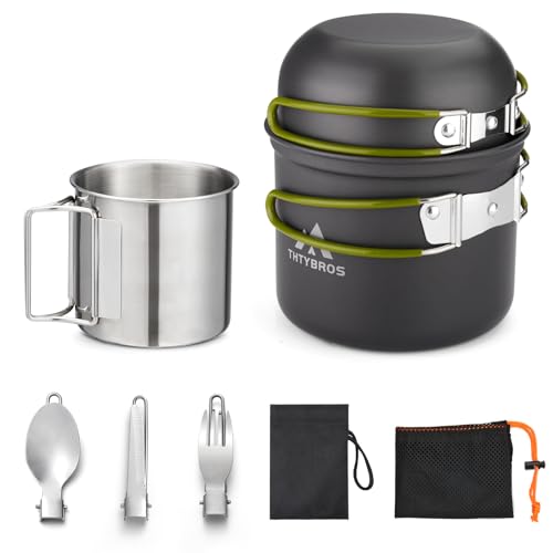 Outdoor Kochgeschirr Set Camping – 1,25 L Topf & 0,65 L Pfanne mit 0,3 L Edelstahlbecher - Leichtes, Robustes Trekking Kochset für Wandern, Backpacking, Picknick und Solo Camping