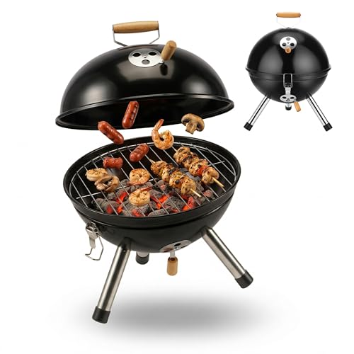 portables picknickgrill für balkon und camping, kleiner kugelgrill mit holzkohlenrost und holzgriff, ideal für kleine gärten und außenanlagen