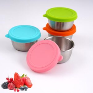 Salatdressing-Behälter To Go, 4er-Pack 45 ml, Edelstahl-Saucenbecher mit Silikondeckeln für Lunchboxen und Reisen