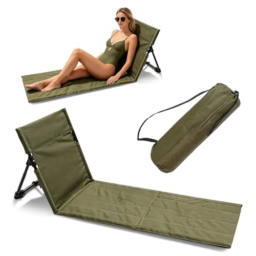 Strandmatte mit Rückenlehne, Klappbare Liegematte mit Rückenlehne, Strandliege Faltbar Leicht, Strandsitz mit Aufnahmebeutel, Bodenstuhl Outdoor für Camping, Strand, Reisen (feldgrau)