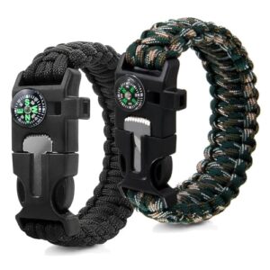 2-teiliges 4-in-1 Überlebensarmband aus Paracord, Feuersatz, Kompass und Pfeife für Outdoor-Aktivitäten wie Camping, Wandern und Trekking