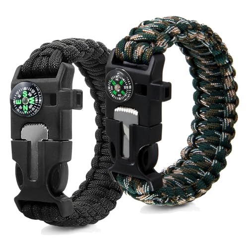 2-teiliges 4-in-1 Überlebensarmband aus Paracord, Feuersatz, Kompass und Pfeife für Outdoor-Aktivitäten wie Camping, Wandern und Trekking