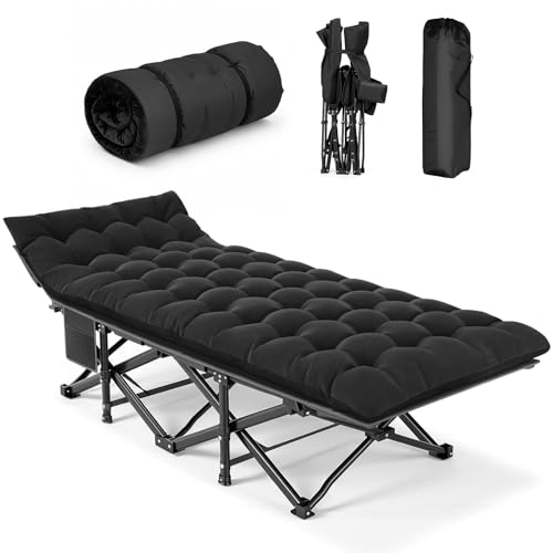 Klappbares Campingbett mit Matratze, 7 Zonen Unterstützung, wende-Auflage, Schwerlast Gästebett für Outdoor, Innen, Garten & Zelt, Schwarz