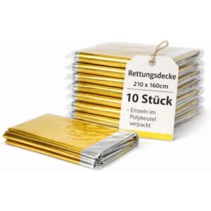 Rettungsdecke 10 Stück Rettungsdecke Gold Silber – Notfalldecke, Thermodecke, Emergency Isolierdecke, Notfallausrüstung, Outdoor Survival