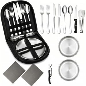 Camping-Geschirr-Set aus Edelstahl mit wiederverwendbarer Bestecktasche, Teller, Gabel, Messer, Löffel, Zange & Flaschenöffner für Camping, Picknick