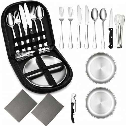 Camping-Geschirr-Set aus Edelstahl mit wiederverwendbarer Bestecktasche, Teller, Gabel, Messer, Löffel, Zange & Flaschenöffner für Camping, Picknick