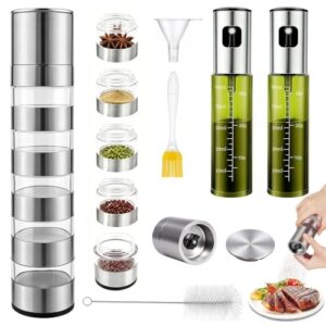Einsetzbare Camping-Gewürzmehl-Anhängeset mit Edelstahl-Pfeffermühle und Ölspritzdosen für eine hygienische Gewürzverteilung beim Camping oder im Garten.