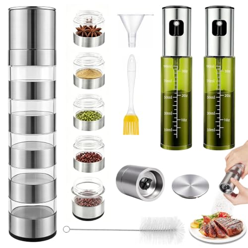 Einsetzbare Camping-Gewürzmehl-Anhängeset mit Edelstahl-Pfeffermühle und Ölspritzdosen für eine hygienische Gewürzverteilung beim Camping oder im Garten.