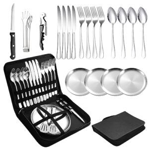 Campingbesteck Set für 4 Personen - Edelstahl Camping Geschirr Set für Outdoor, Picknick und Reisen