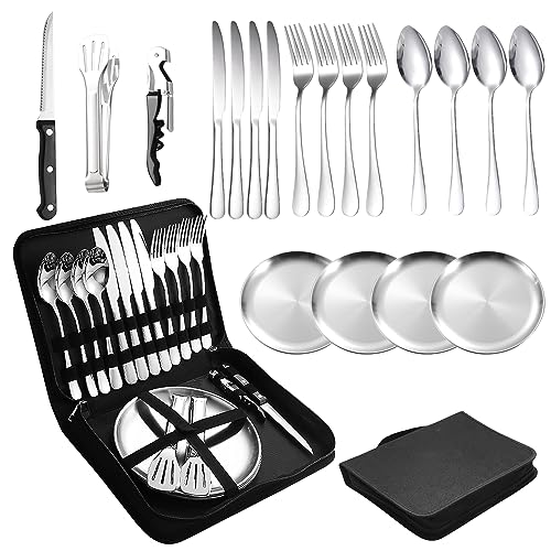 Campingbesteck Set für 4 Personen - Edelstahl Camping Geschirr Set für Outdoor, Picknick und Reisen