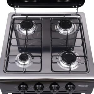 Ein Gaskocher für Gasflaschen mit vier Flammen, ideal für Outdoor-Aktivitäten wie Camping, Reisen und Wandern. Der Gasherd verfügt über ein klassisches schwarzes Design und ist auch für den privaten Gebrauch geeignet.