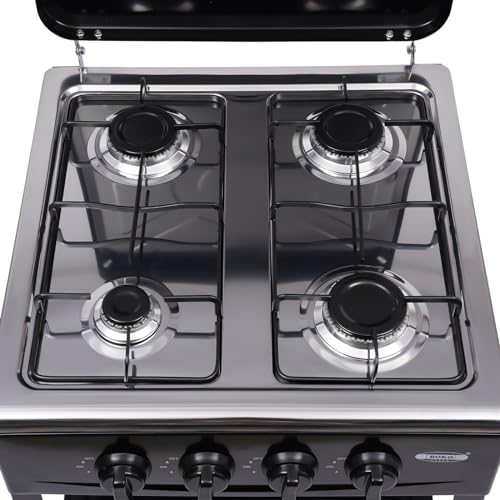 Ein Gaskocher für Gasflaschen mit vier Flammen, ideal für Outdoor-Aktivitäten wie Camping, Reisen und Wandern. Der Gasherd verfügt über ein klassisches schwarzes Design und ist auch für den privaten Gebrauch geeignet.