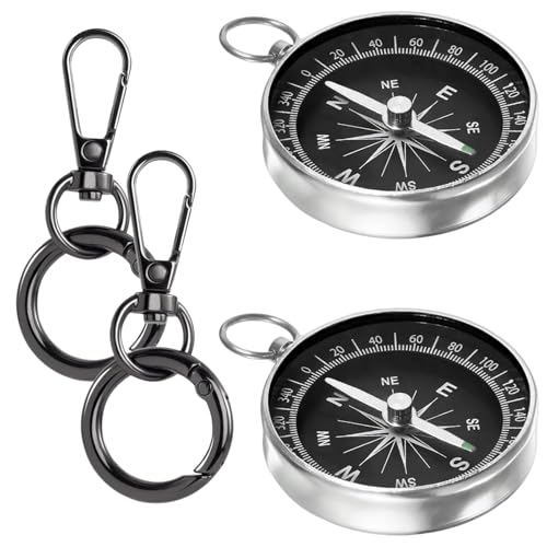 Zwei Schlüsselanhänger mit Kompass, wasserdicht und widerstandsfähig gegenüber Wetterbedingungen, ideal für Outdoor-Aktivitäten wie Wandern und Camping.
