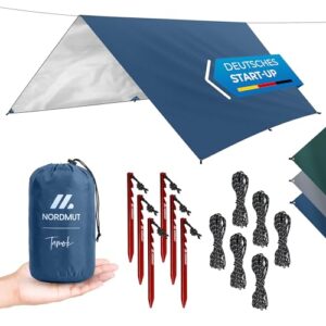 NORDMUT Tarp 3x3/4m wasserdicht für optimalen Regen- und Sonnenschutz - Robuste Zeltplane kleines Packmaß mit Ösen - Tarp Ultraleicht für Camping & Wandern (Blau, 300 x 300 cm)