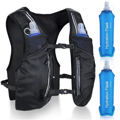 Trinkrucksack mit zwei 500-ml Trinkflaschen und großer Handytasche für Joggen, Wandern, Trail Marathon - atmungsaktive Laufweste mit reflektierenden Streifen