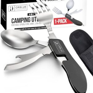 Campingutensilien 4 in 1, tragbarer Edelstahllöffel, Gabel, Messer & Flaschenöffner Kombi-Set für Reisen und Backpacking