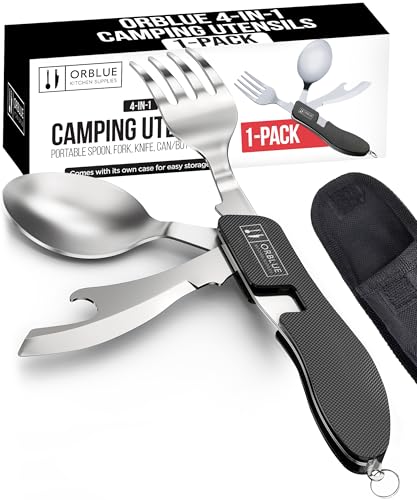 Campingutensilien 4 in 1, tragbarer Edelstahllöffel, Gabel, Messer & Flaschenöffner Kombi-Set für Reisen und Backpacking