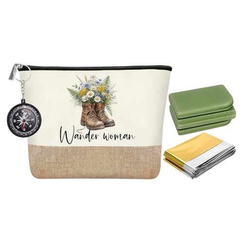 Geschenkset für Damen mit Kosmetiktasche, faltbarem Sitzkissen, Kompass und Wärmedecke zum Wandern, Trekking, Camping oder Picknick