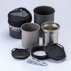 SOTO ThermoStack Combo Camping Kochset mit Titan- und Edelstahl-Isolierbecher, anodisiertem Aluminium-Topf 750 ml und Griffzange