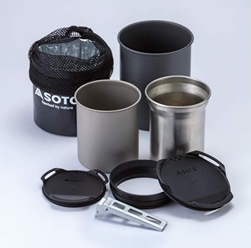 SOTO ThermoStack Combo Camping Kochset mit Titan- und Edelstahl-Isolierbecher, anodisiertem Aluminium-Topf 750 ml und Griffzange