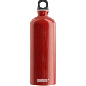 Eine rot-punktierte Sigg Trinkflasche in 1 Liter Fassungsvermögen, aus recyceltem Aluminums gefertigt und BPA-frei, ideal für den Outdoor-Einsatz oder als Wasserflasche zum Alltagsgebrauch