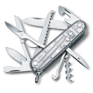 Schweizer Taschenmesser mit 15 Funktionen, Klinge, Korkenzieher und Dosenöffner aus Silber Transparent