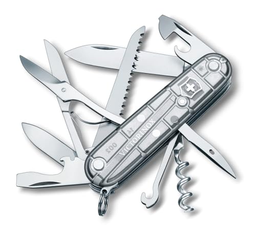 Schweizer Taschenmesser mit 15 Funktionen, Klinge, Korkenzieher und Dosenöffner aus Silber Transparent