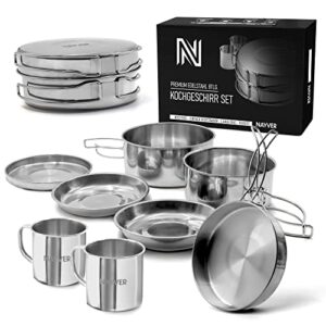 Camping-Kochgeschirr 8-teilig Set aus Edelstahl mit Topf, Pfanne und Tassen für Outdoor-Aktivitäten