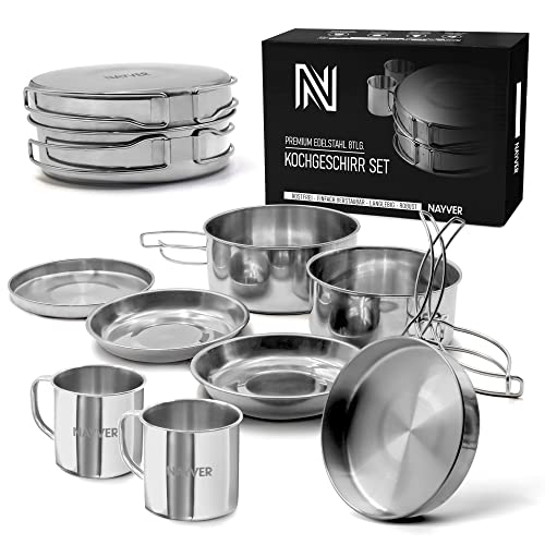 Camping-Kochgeschirr 8-teilig Set aus Edelstahl mit Topf, Pfanne und Tassen für Outdoor-Aktivitäten