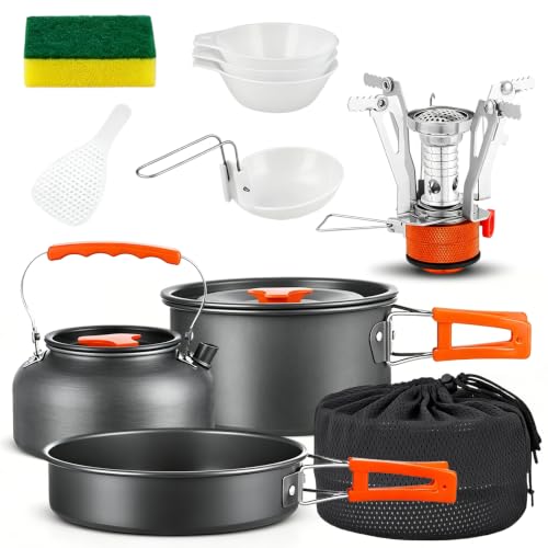 Ein Camping Kochgeschirr Set mit 9 Stücken, ideal für Camping, Wandern und Reisen, enthält Topf, Pfanne, Wasserkessel, Gaskocher, Schalen, Suppenlöffel, Pfannenwender und Reinigungsschwamm.