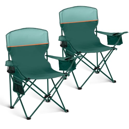 Zwei faltbare Campingstühle in Grün von High Point Sports für 2 Personen, bis zu 102kg Tragfähigkeit, Getränkehalter und kompakte Faltung für Outdoor-Aktivitäten wie Camping, Picknicks oder Events