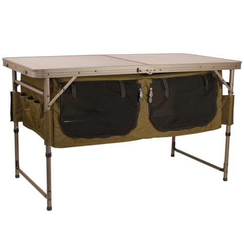 Campingtisch mit Stauraum für das Kochen und Zubereiten von Mahlzeiten, ideal für Camping- und Angel-Ausflüge