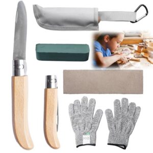 GAOUTO Schnitzmesser Kinder ab 6 Jahre, Kindermesser Schnitzset klappbares Outdoor-Taschenmesser mit Schnittfesten Handschuhen und Scheide. Einsetzbar für kreative Kinder.