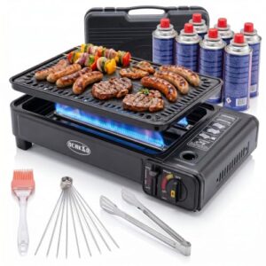Kompakter Gasgrill für Camping mit 8 Kartuschen, Grillplatte und Grillrost inklusive Schaschlikpießen