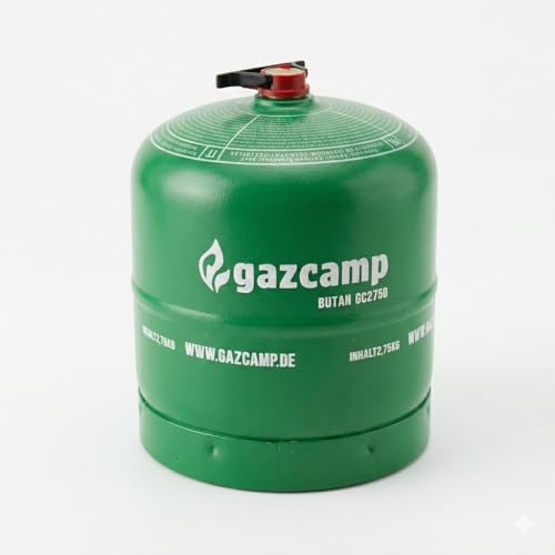 Gazcamp GC2750 Butangasflasche gefüllt, 2,75 kg, Stahl, nachfüllbar, Sicherheitsventil CGV für Camping & Outdoor