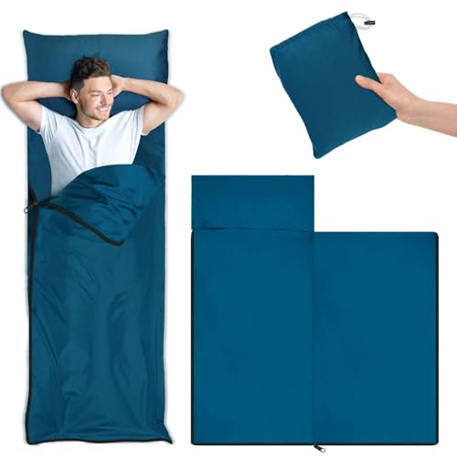 Hüttenschlafsack, Sommer-Schlafsack, Ultraleichter kleiner Packmaß 220 x 90 cm, Outdoro Blau Sommer Reiseschlafsack, Hütten-Schlafsäcke & Inletts