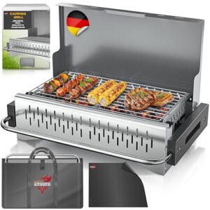 Klappgrill für Camping und Outdoor, tragbarer Holzkohlegrill mit Grillrost, Grillmatte und Tragetasche, ideal für Camping, Picknick und Angeln