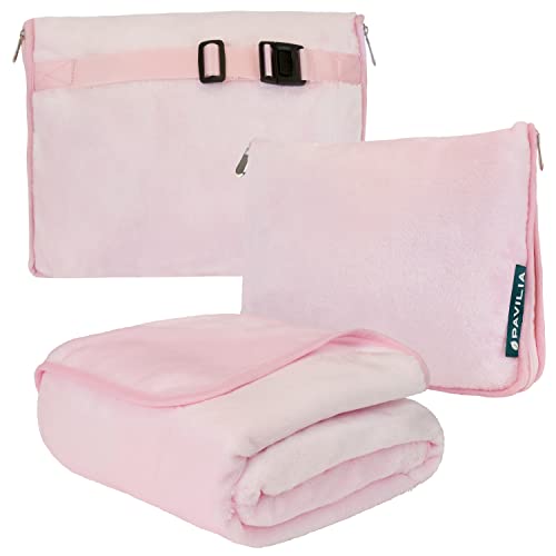 Pavilia Reisedecke und Kissen mit doppelreihigen Verschlussmechanik und Clip-on-Strap, warmes weiches Fleece 2-in-1 Combo Decke für Flugzeug, Camping und Gepäckrucksack-Gurt
