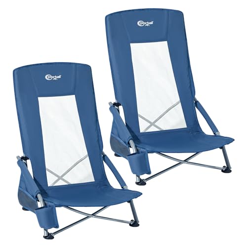 Portal Strandstuhl klappbar mit Hochlehne, leichter Campingstuhl, faltbar bis 150 kg, atmungsaktives Gewebe, Faltstuhl tragbar mit Tragetasche und Getränkhalter für Strand, Garten und Wandern