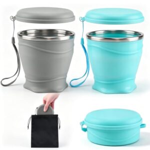 Zwei faltbare Silikon Becher mit Kunststoff Deckel und wasserdichte Tasche, ideal für Reisen, Wandern oder Outdoor-Aktivitäten, BPA-frei und komfortabel zu tragen.