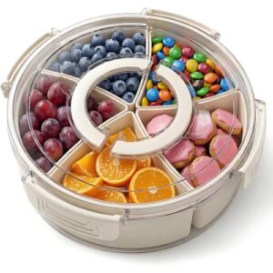 Snackbox mit Fächern, 28cm großer Snackteller mit Deckel und runde Servierplatte mit 5 herausnehmbaren Schalen, ideal für Picknick, Camping & Party - Weiß