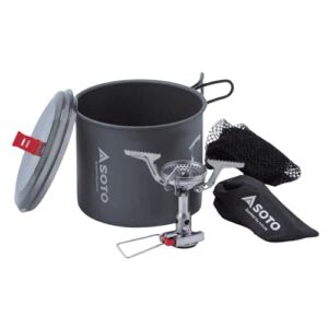 SOTO Amicus Gaskocher mit Piezo-Zünder, New River Topf 1 L und Transportbeutel - Outdoor-Camping-Kochset für Trekking & Backpacking