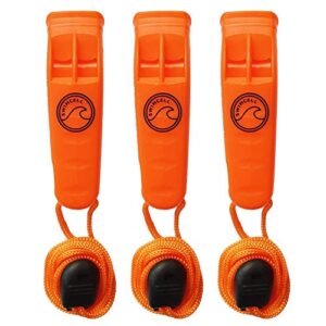 Drei orangefarbene Notfall-Sicherheitsgeräte von SwimCell, mit einem schwarzen Pfeifen und Griff für einfache Bedienbarkeit bei Notfällen. Die Geräte werden gegen einen weißen Hintergrund ausgestellt, betonend ihre lebhaften orangefarbenen Farbtöne.