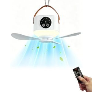 Tragbarer Camping Ventilator mit LED-Licht, 4 Geschwindigkeiten und Timer-Funktion, wiederaufladbarer Deckenventilator für Zelt und Auto