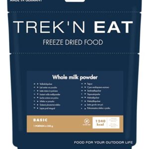 Trek'n Eat Vollmilchpulver in einer 250g Packung. Die Packung ist blau und weiß und zeigt ein Bild von Milchpulver. Sie ist gekennzeichnet als 'Freeze Dried'. Das auf der Verpackung stehende Text: 'Vollmilchpulver, Weizenfrei, Ohne zugesetzte Zuckerarten, Vegane Produkte' deutet darauf hin, dass sie für Menschen mit bestimmten Ernährungswünschen geeignet ist. Der Name 'Trek'n Eat' wird großformatig an der oberen Seite der Verpackung angezeigt.